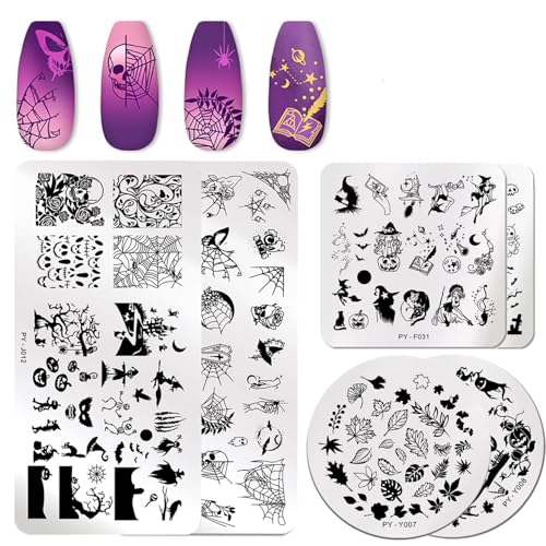 6Pcs Halloween Nail Stamping Plates Fall Maple Leaf Nail Stamper Template Kit Ghost Bat Skull Spider Web Design Nail Decorations Supplies
