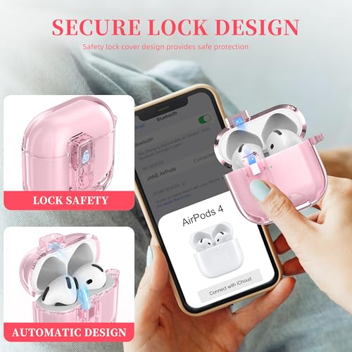 Image of for AirPods 4th Generation Case Cover 2024, Military-Grade Shockproof Transparent Anti-Yellowing, Charging Port Dust-Proof & Stand Design with Cleaning Kit for AirPods 4 Case, Crystal Pink