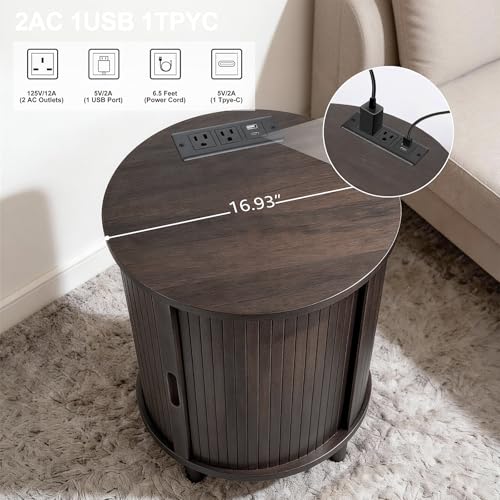 Image of DHH End Table Set of 2 with Storage & Charging Station, Fluted Accent Side Table with Sliding Door & Adjustable Shelf, Mid-Century Nightstand for Small Spaces, Living Room, Bedroom(2, Dark Walnut)