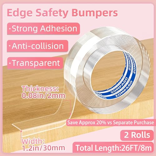 Image of ZOMPAGO 2 Rolls Value Pack Clear Baby Proofing Edge Protector vs Single Roll,Total 26FT(8M),1.18in Width Invisible Furniture Corner Guard,Cuttable Sharp Edge Safety Bumper Tape for Table