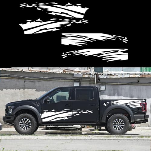 Image of (4PCS) Striped Truck Sticker Bed Mud Splash Kit Racing Striped Rear Lathe Decal Vinyl Trim Accessories Waterproof Door Body Side Decal Trim for Truck Pickup SUV Vehicles (White)