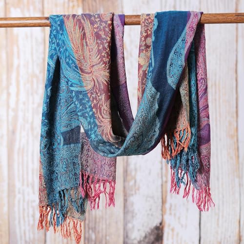 NOVICA Artisan Handmade Jamawar Wool Shawl Woven Fringed Blue Purple Yellow Accessories Multicolor India Floral Leaf Tree 'Regal Splendor'2