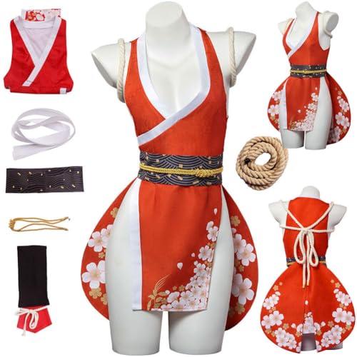 XINVOQFG Mai Shiranui Cosplay Costume Red Uniform Skirt Outfit for Women (Suit, M)