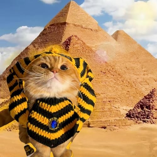 Cat and Dog Pharaoh Costume with Crown Hat, Cute Egyptian Pet Outfit Set for Halloween, Knit Animal Costume for Small Pets (Yellow,Small)
