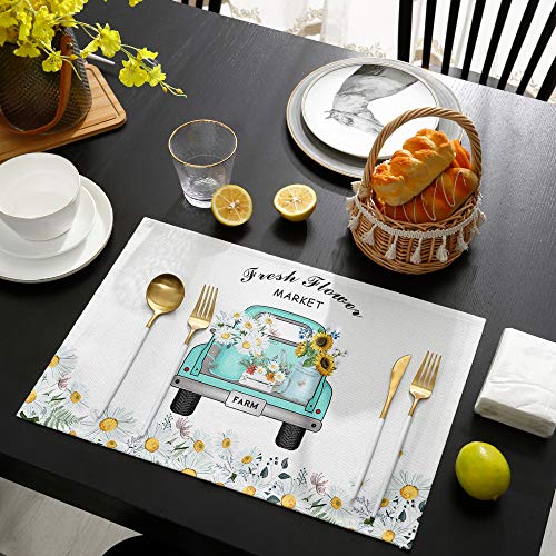 Doremihome Truck Daisy Flower Placemat Set Of 4 Natural Fabric Placemats, Machine Washable, Kitchen Dining Table Mat Burlap Linen Material Wild Floral Fresh Design Farmhouse #TOP3