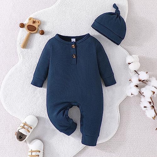 Toddler Boys Girls Romper Neutral Baby Clothes Solid Long Sleeve Waffle Jumpsuit Fall Newborn Coming Home Outfit3