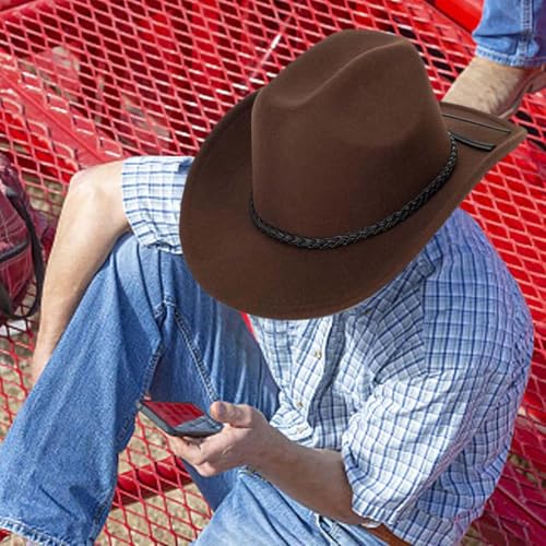 Image of Classic-Western-Cowboy-Hat Upturn-Brim Felt-Cowgirl-Hat Rodeo-Hats with Belt for Women Men (Fit for 22.4-23.2 inch)