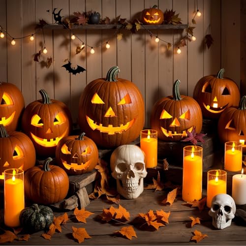 Image of Homemory Halloween Orange Flameless Candles, Battery Operated LED Candles with Remote and Timer, Candles for Halloween Decoration, Fall, Harvest Festival, Set of 5