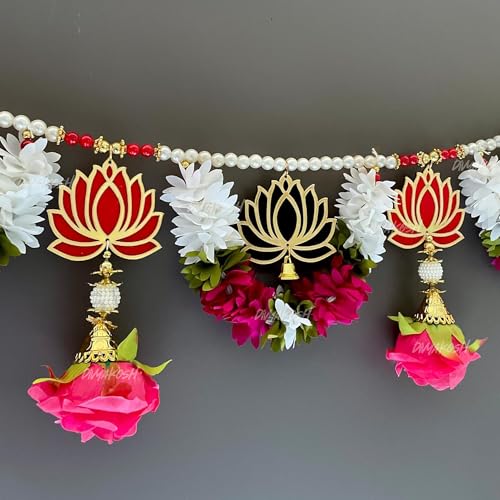 Image of Divyakosh Engineered Wood, Fabric Handmade Lotus Toran for Main Door Entrance | Door Decoration Items Hanging, Bandhanwar for Home Entrance | Toran Size - 38 Inch |, Multicolor