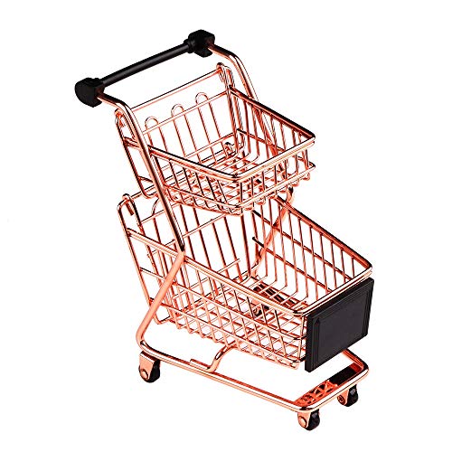 Gaoominy Modelo Carrito de Compras de Doble Capa Carro de Supermercado de Hierro Forjado Cesta de Almacenamiento Oro Rosa de Metal Oro Rosa