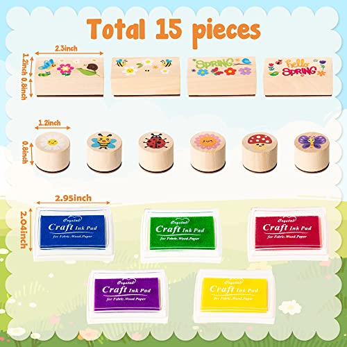Cuweipeng 15Pcs Spring Wooden Rubber Stamps Diy Craft Card Stamps Pads Spring Animal Flower Rubber Stamps Ink Pads Set For Kids Stamps Birthday Gift Favor Classroom Card Scrapbooking Making Supplies #TOP1