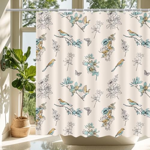 MEHOFOND Bird Shower Curtain Floral Bird Shower Curtain for Bathroom Spring Shower Curtain Boho Farmhouse Bathtub Decor Fabric Waterproof Bath Curtain with 12 Hooks 72x72 Inch