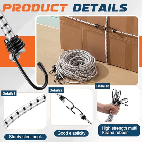 Image of 6 Pcs 120 Inch Extra Long Bungee Cords with Hooks 0.39 Inch Thick Heavy Duty Bungee Straps for Outdoors, Camping, Rvs, Bikes, Cargo (White+Black)
