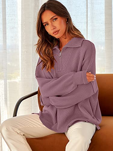 Image of ANRABESS Womens Oversized Quarter Zip Pullover Sweaters | Fall Fashion Outfits, Long Sleeve Slit Side, Baggy Loose Fit, 1 /4 Zip Lapel Collared, Ribbed Knit Soft Warm Winter Clothing
