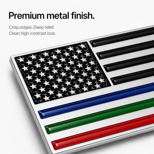 Image of Thin Line American Flag Car Emblem, 3.15 x 2 Inch Metal USA Flag Badge with Blue Red Green Lines, Patriotic Auto Decal for Cars Trucks SUVs, First Responders Police Firefighters Military Support