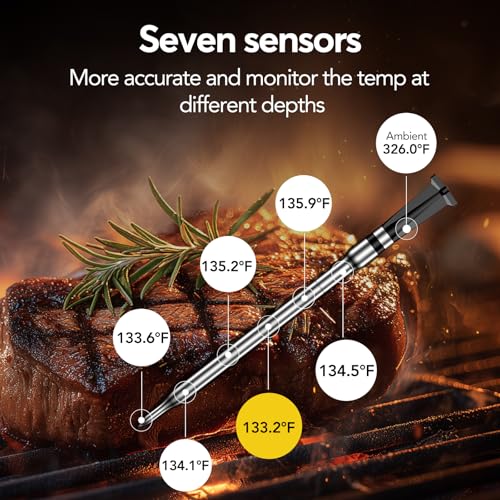 BBQOVN WiFi Sub-1g Wireless Meat Thermometer Unlimited Range, Check Temp Anywhere,7 NIST Certified Sensors with Ambient Temp Smart Digital Base,Monitor for BBQ, Grill,Oven, Smoker. (1, Black, Small)