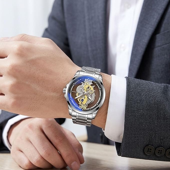 Image of Rick Automatic Skeleton Watch for Men, Mechanical Movement, Stainless Steel Strap, Transparent Dial, Premium Luxury Wrist Watch for Party & Formal Wear (Ice Silver)