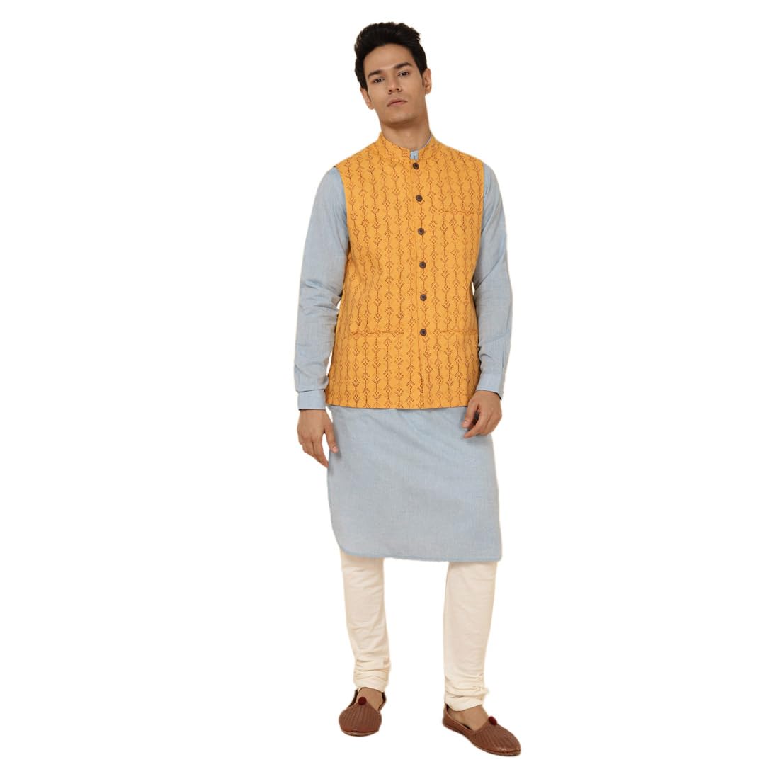 fabindia Men's Yellow Cotton Printed Nehru Jacket (1030845YELLOW-picture-11