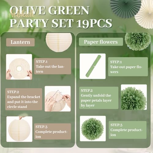 Image of AOBKIAT Sage Green Party Decorations Kit for Birthday,Netural Baby Shower | Paper Decor with Flower,Lantern,Party Garland,Streamers for Bridal Shower,Boho Wedding,Bachelorette,Woodland Theme Parties