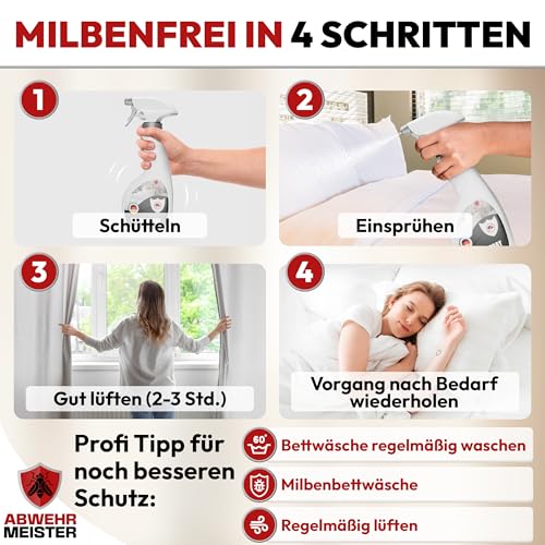 ABWEHR MEISTER Milbenspray für Matratzen & Polster 500 ml, effektives Abwehrmittel gegen Hausstaubmilben, giftfrei, laborgeprüft, Made in Germany (PT19)