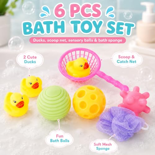 Image of Zest 4 Toyz Chu Chu Duck Baby Bath Tub Toys Squeeze Soft Balls and 3 Duck Animal Toys with net and Bath Sponge for Toddler Kids - Pack of 8