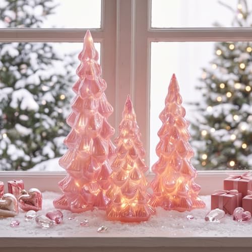 3 Pcs Glass Pink Christmas Trees LED Tabletop Decor - Image 3
