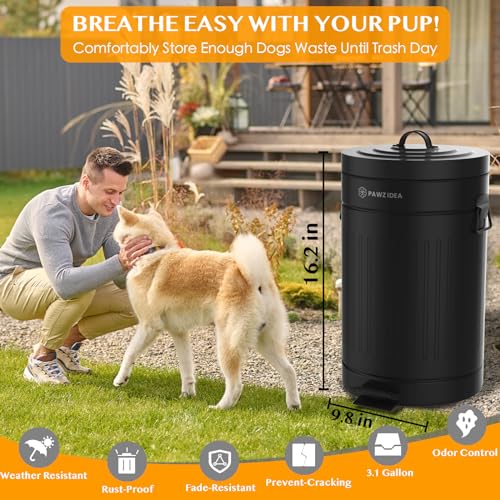 Image of PAWZIDEA Dog Poop Trash Can Outside Odor Control, 3.1 Gallon Outdoor Trash Can with Lid, Waterproof Pet Waste Disposal Container, Small Poop Bin Step Garbage Can, 7.8in Activated Carbon Filter, Black