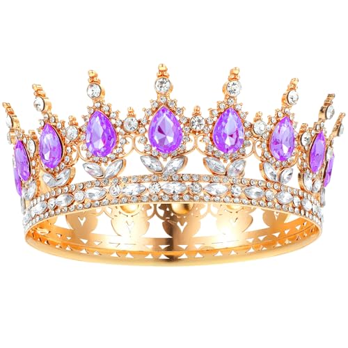 Grevosea Corona para mujer, corona de reina, tiara de diamantes de imitación, coronas de cumpleaños, boda, novia, accesorios para el cabello para fiesta de princesa, accesorios para fotos (oro morado)