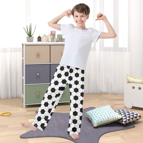 Boys Pj Pants White Soccer Ball Soft Kids Joggers Long Lounge Bottoms with Elastic Waist & Pockets 6-14 Years2
