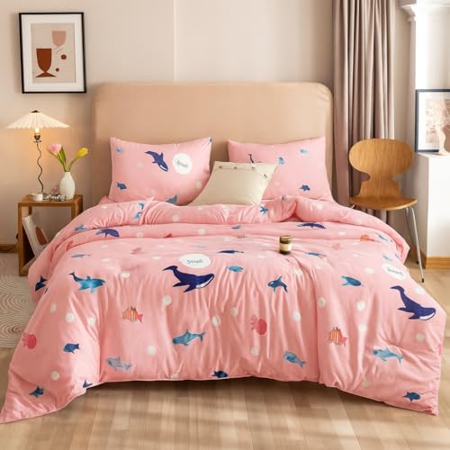 Image of 200 GSM 400 TC Kids Glace Cotton Reversible Cartoon Printed Double Bed King Size Comforter with Matching Bedsheet 90 * 100 with 2 Pillow Covers Set of 4 Pieces (Shark)