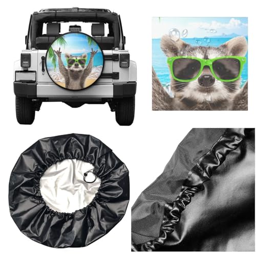 Image of Beach Raccoon Spare Tire Cover for Rv Trailer Camper Truck SUV - Cute Raccoon Animal Wheel Protectors Cover Waterproof Fabric for Travel Camping Outdoor,Universal Fit,17 inch