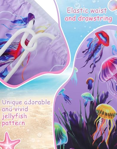 Image of AMYNICE Girls Beach Board Short with Liner Quick Dry Active Jellyfish Print | Swimming Trunks Swimsuit with Pockets Drawstring Surfing, Beach, Vacation and Holiday for Toddler Baby girl