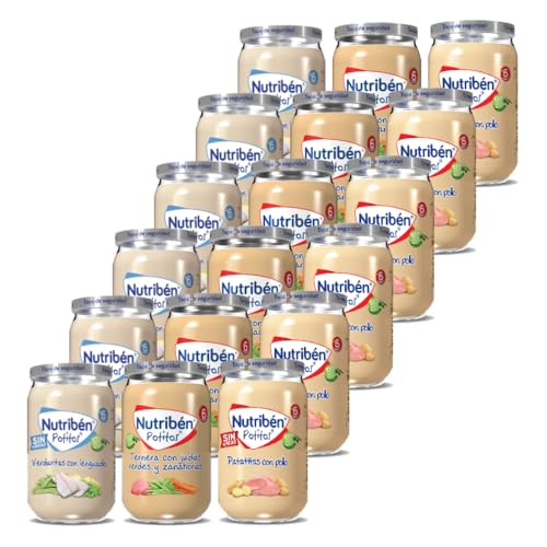 Nutribén Potitos de Verduritas con Lenguado; Ternera con Judías Verdes y Zanahoria; Patatitas con Pollo |+ 6 Meses | Sin gluten | Sin almidones | Sin Huevo y Sin Leche | Pack 18 Uds x 235g