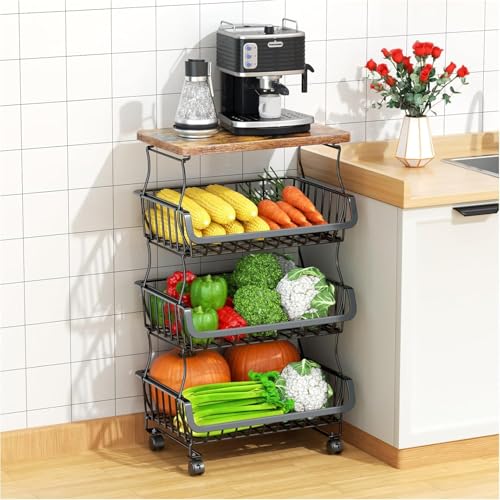 Image of ABJA 4 Tier Vegetable Stand, Onion Potato Rack, Kitchen Trolley with Wheels, Metal & Wood Stand for Kitchen Storage Rack, Stackable Baskets (Black, Rustic Brown Top)