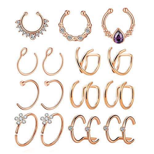 JFORYOU Fake Nose Rings Hoop Clip On Nose Septum Ring Faux Non-Pierced Nose Lip Rings Fake Ear Cuff Faux Helix Earrings Jewelry