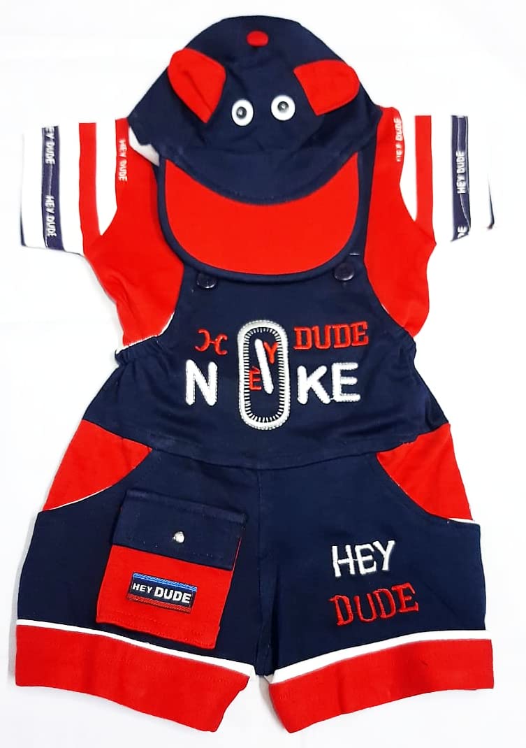 Ess Cubes EnterpriseEssCubes Boys Hosiery Cotton Dungaree, Cap & Half Sleeves T-Shirt Clothing Set 6-18 Months (12-18 Months, Red)