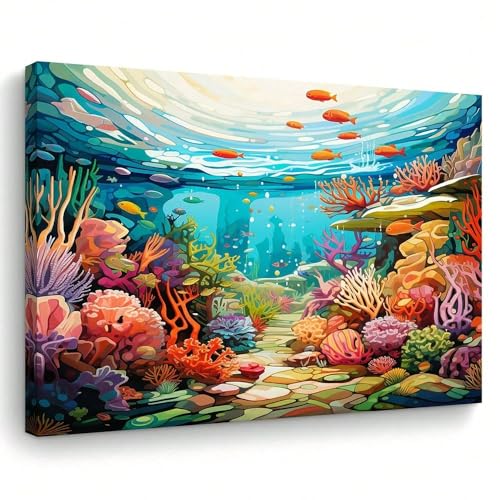 AIHNBF Farbenfrohe Unterwasserwelt Leinwandbild Tropisches Korallenriff Wandbild Bunte Meereslebewesen Deko für Wohnzimmer Moderne Meereslandschaft für Flur und Büro 80x120 cm