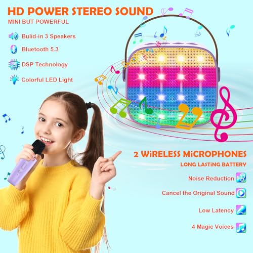 Karaoke Maschine Kinder, Mini Karaoke Maschine mit 2 Mikrofonen, Spielzeug ab 3-12 Jahre Mädchen Jungen Mikrofon Geschenke, Tragbarer Bluetooth-Lautsprecher mit Stimmeffekten & LED-Lichtern