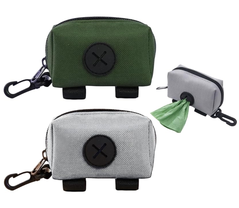 Wuneiox 2PCS Dog Poo Bag Holder for Lead, Quick-Access Dog Poop Bag Holder Velcro, Hangable Poo Waste Bags for Lead with Hook Clip, Perfect for Walking, Hiking, Training & Travel (Grey & Green)