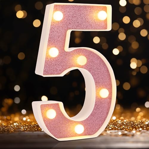 Image of LED Marquee Numbers, Small Light Up Numbers for Party, 8.58 Inch Battery Powered Lighted Number for Birthday, Night Light, Table or Home Decor (Pink Glitter, Number 5)