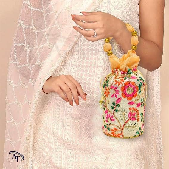 Image of Women Potli Bags | Zari Embroidered Silk With Drawstring | Traditional Return Gifts for Mehandi, Haldi, Baby Shower, Wedding, Sangeet, Seemantham