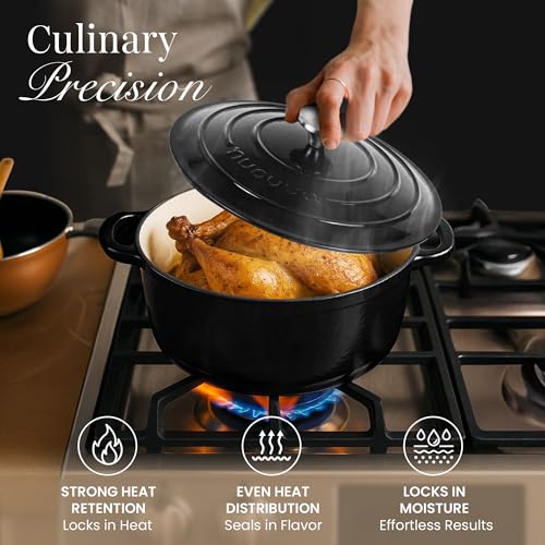 Image of Cast Iron Pot with Lid-Non-Stick Ovenproof Enamelled Casserole Pot, Oven Safe up to 500 F-Sturdy Dutch Oven Cookware - Black, 5-Quart, 24cm-by Nuovva