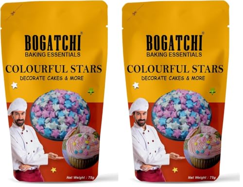Image of BOGATCHI Colourful Stars Shape Sprinkler for Cake Decoration | Topping for Cake & Other Baking Items| Colored Sugar Confectionary | Cake Decorating Sprinkler |Gluten Free & Vegan |75g (Pack of 2)
