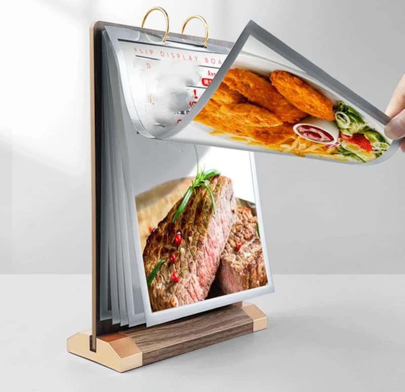 Miniatura 6 de Soporte para letreros de madera de nogal A4, pantalla vertical con tapa para tarjetas de mesa, 6 páginas (12 lados), marco de volante de doble cara