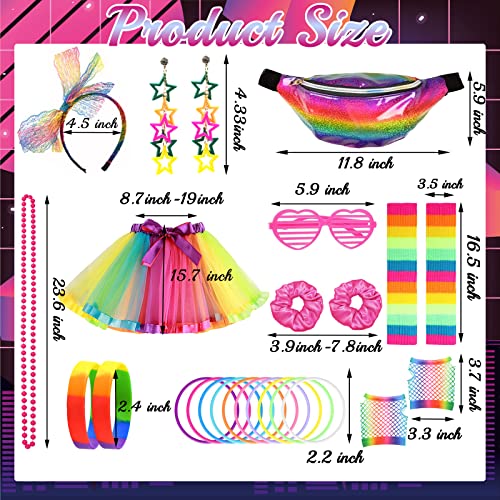 80s Costume Outfits Accessories Set for Women 1980s Fancy Dress Party Kits with T-shirt Tutu Bumbag Headband Earring Necklace Fishnet Gloves Leg Warmers Glasses Bracelet Scrunchies for Women Dress up - Image 2