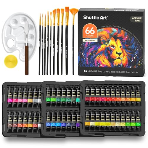 Shuttle Art 82PCS Kit Peinture Acrylique, 66 Tubes Peinture Acrylique (22ml) avec 10 Pinceaux, Set Peinture Pigments Riches pour Adulte, Peinture sur Toile