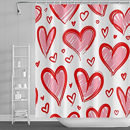 AWERT 180x213cm Abstracto En Forma De Corazon Cortina De La Ducha Amor Corazones Fondo Pavimentado Día De San Valentín Cortina De Ducha para Baño Impermeable Tejido De Poliéster Conjunto con Ganchos Cover