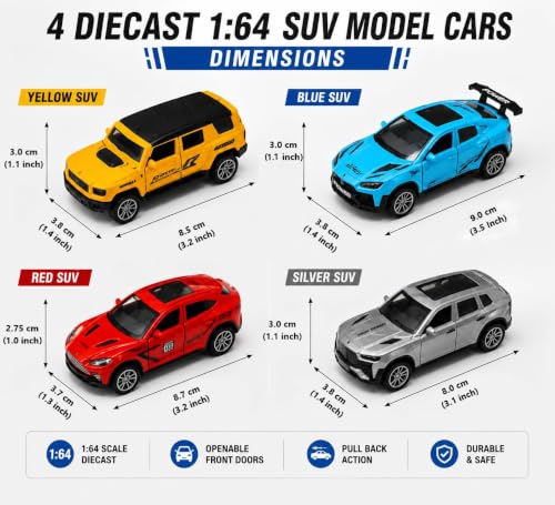 Image of Galaxy Hi-Tech SUV Die-Cast Pull Back 1:64 Toy Car Set of 4 with Openable Front Doors Mini Metal Racing and Collectible Cars for Kids and Collectors Realistic Model Beautiful Display Piece for Gift
