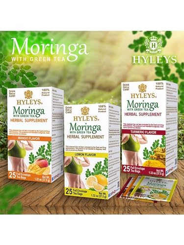 Hyleys Moringa Oleifera and Green Tea Mango Flavor - 25 Tea Bags - Superfood Miracle Tree Tea with Dried Moringa Oleifera Leaves