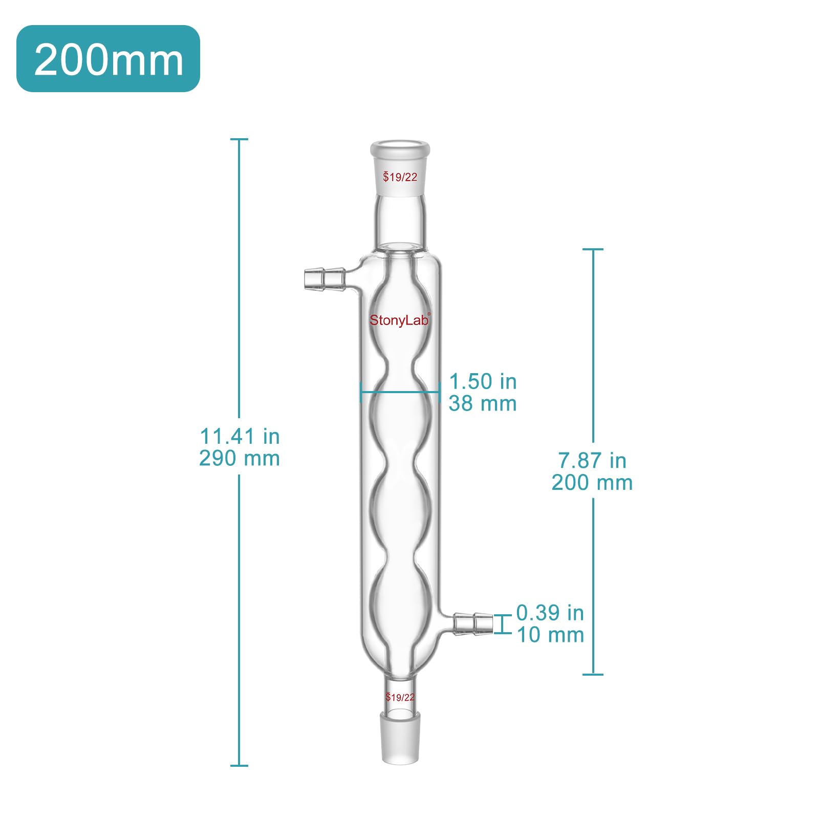 stonylab Condensatore Allihn con Giunti 19/22, Condensatore da Laboratorio in Vetro Borosilicato per Distillazione, Riflusso, Esperimenti di Chimica, Lunghezza Camicia a Spirale 200 mm